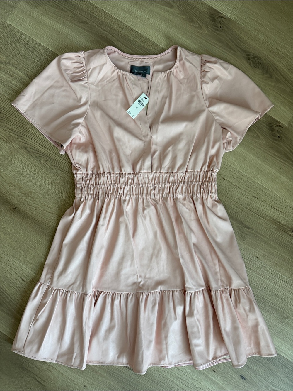 Anthropologie Pale Pink Ruffle-Hem Elastic-Waist Faux Leather Dress
